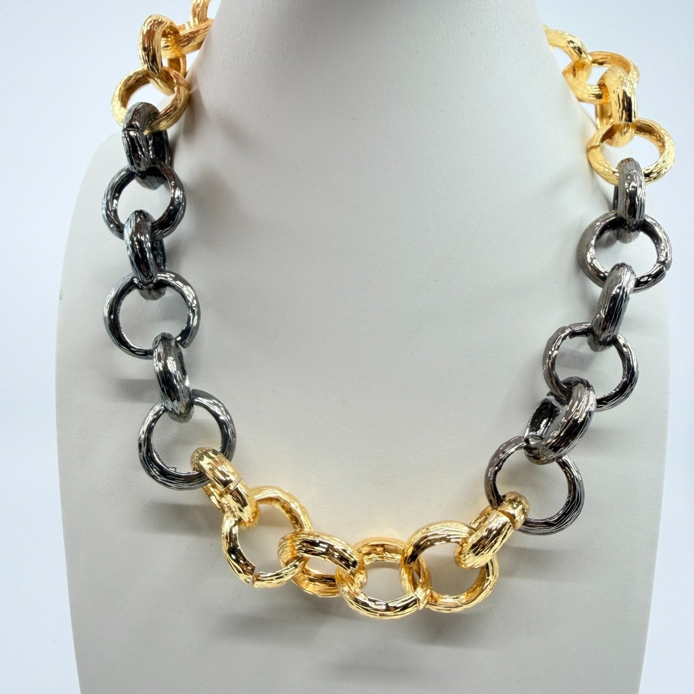 VTG Two Tone Gold Tone Gunmetal Chunky Chain Link Statement Necklace Y2K Retro